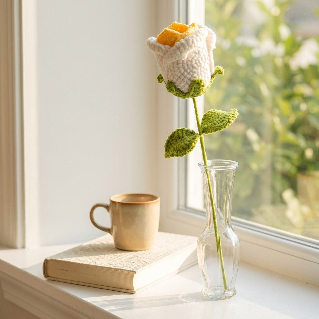 Crocheted rose flower in a clear vase on a windowsill with a book and mug.
