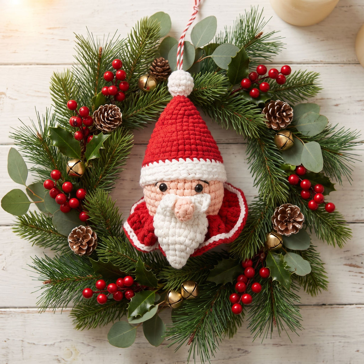 A festive Christmas wreath featuring a central Handmade crochet Santa head ornament with rattle by YarnYummies front view, surrounded by green pine branches, red berries, pinecones, and small gold bells on a whitewashed wood background.