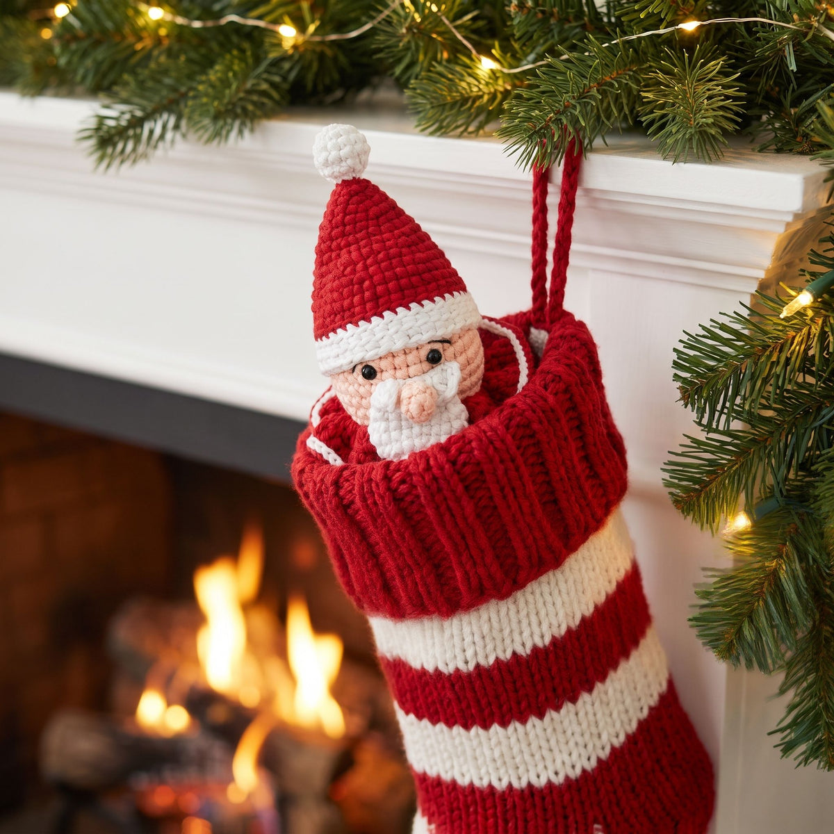 A red and white striped knitted Christmas stocking hangs from a white fireplace mantel decorated with evergreen branches and warm string lights. A small Handmade crochet Santa head ornament with rattle by YarnYummies front view peeks out from the top of the stocking, and a blurred fireplace with flames is visible in the background.