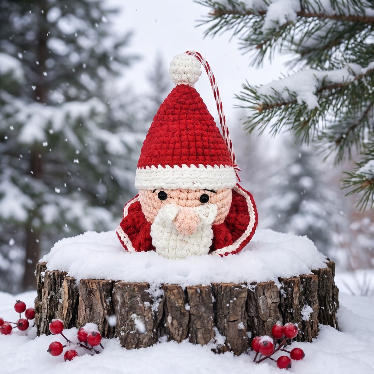 A Handmade crochet Santa head ornament with rattle by YarnYummies front view sits on a snow-covered log stump outdoors in the snow, with pine branches and falling snow in the background.