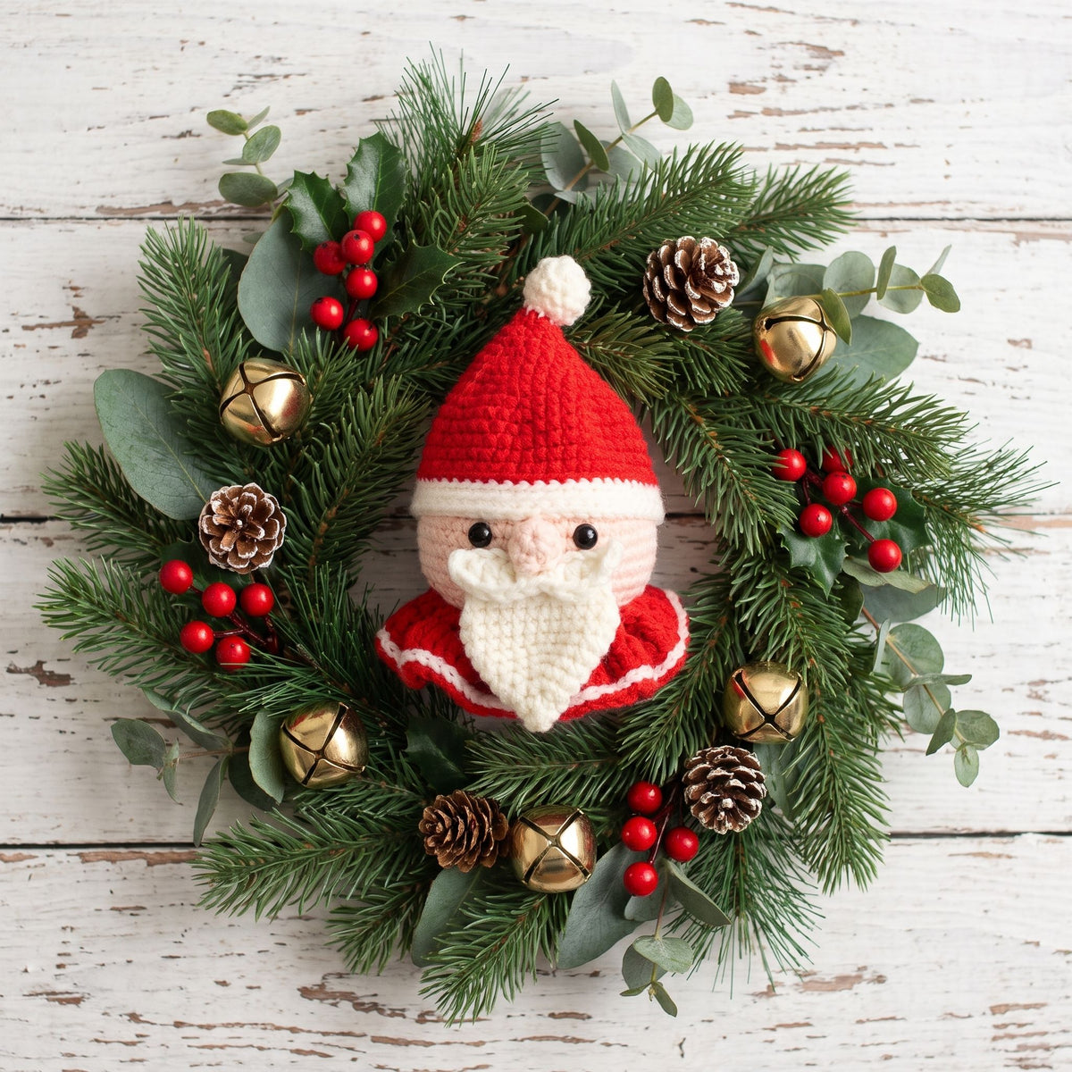 A festive Christmas wreath featuring a central Handmade crochet Santa head ornament by YarnYummies front view, surrounded by green pine branches, eucalyptus leaves, red berries, pinecones, and small gold bells, arranged on a distressed white wooden background.