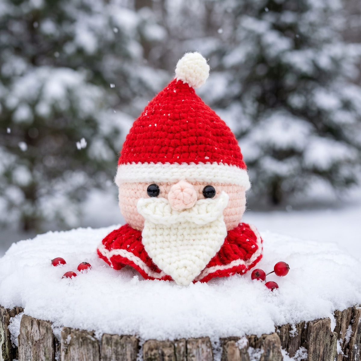 A Handmade crochet Santa head ornament by YarnYummies close-up showing face detail with a red hat and white beard, sits on a snowy log with blurred snow-covered trees in the background.
