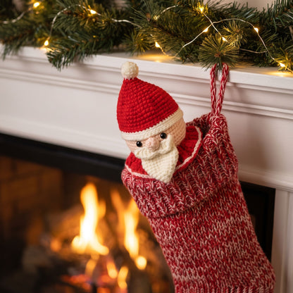 A knitted Christmas stocking with a Handmade crochet Santa head ornament by YarnYummies close-up showing face detail  peeking out, hanging from a white fireplace mantel decorated with green garland and warm string lights above a burning fireplace.