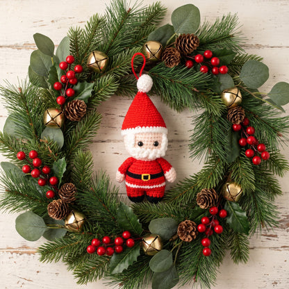 A festive Christmas wreath made of green pine branches, decorated with red berries, pinecones, gold bells, and handmade crochet full body Santa ornament by YarnYummies in the center, set against a whitewashed wooden background.