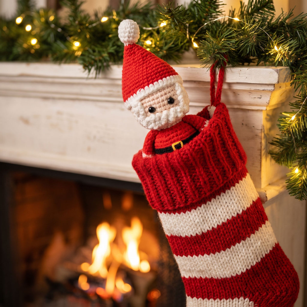A knitted Christmas stocking with a Handmade crochet full body Santa ornament by YarnYummies hanging from a white fireplace mantel, with a warm fire burning below and green garland with string lights above.