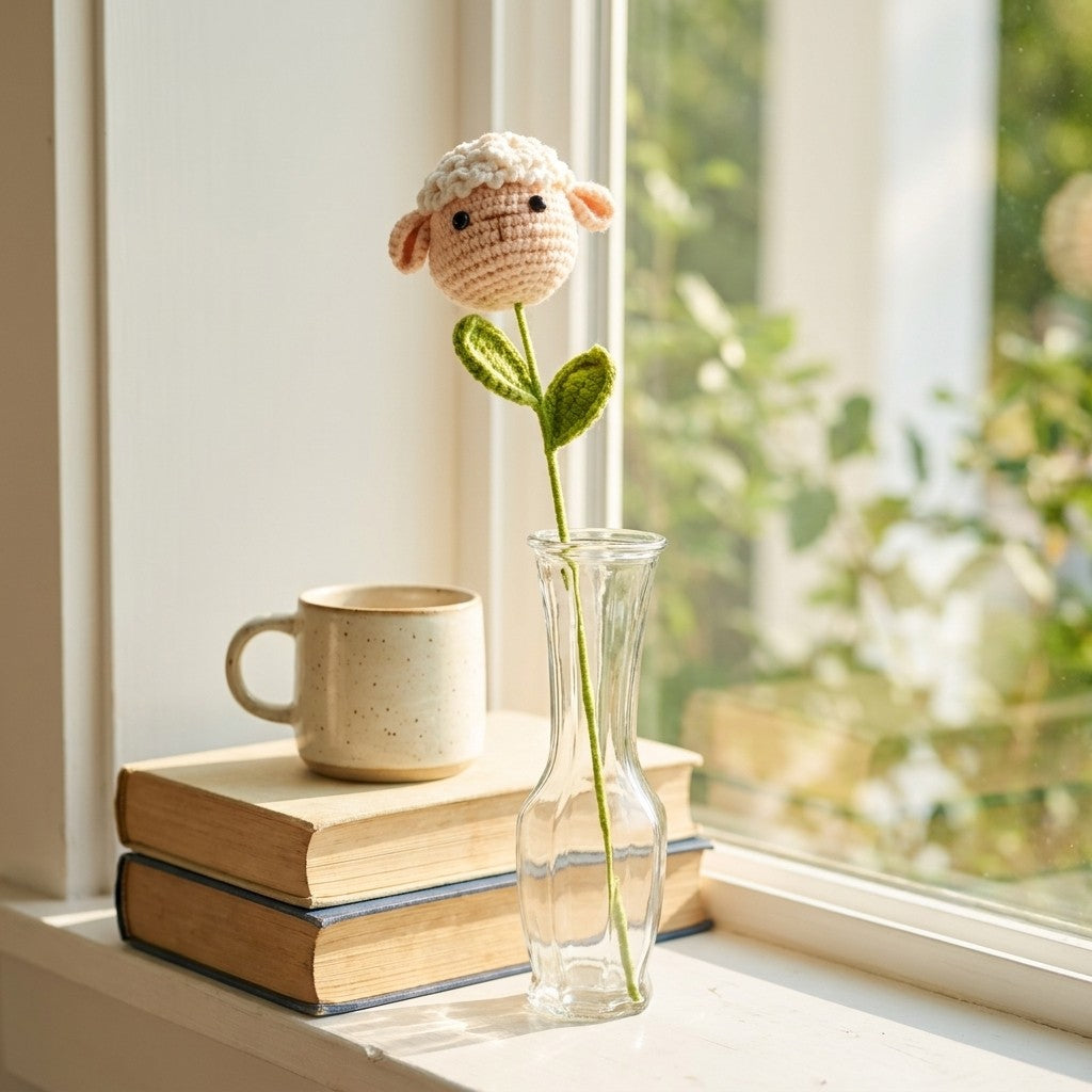 Knitted sheep toy on a book with a mug and vase by a window