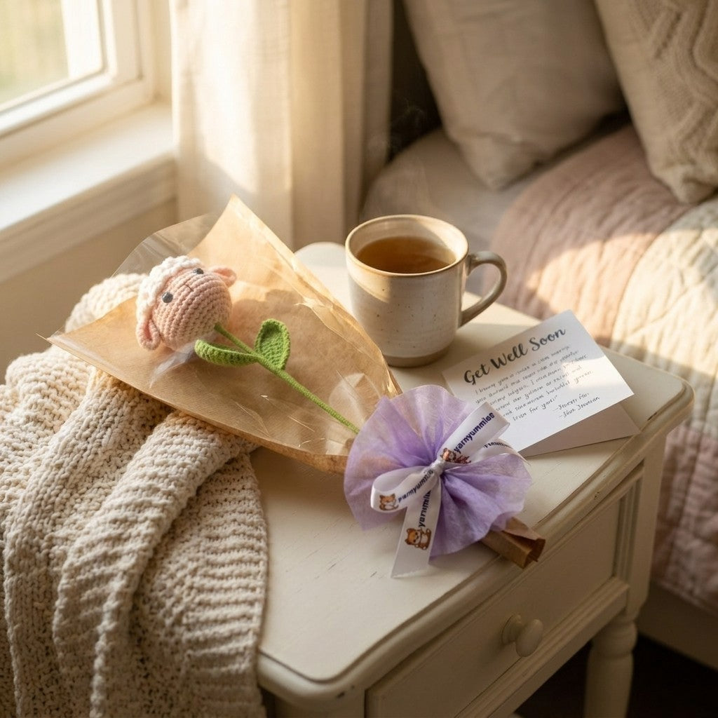 Cup of tea on a table with a card, small plant, and knitted flower shaped like a sheep head wrapped as a gift in a cozy room.