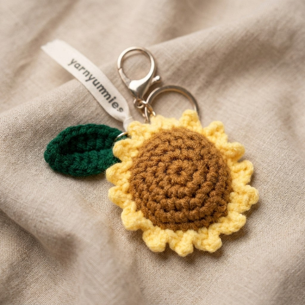 Crocheted sunflower keychain with a green leaf on a beige fabric background, featuring the brand 'yarnyummy'.