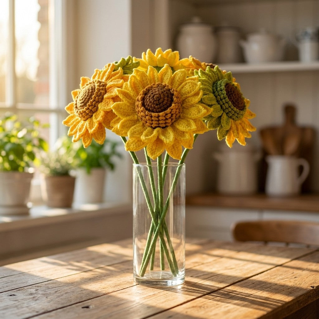 Felt sunflowers in a clear vase on a wooden table with a kitchen background