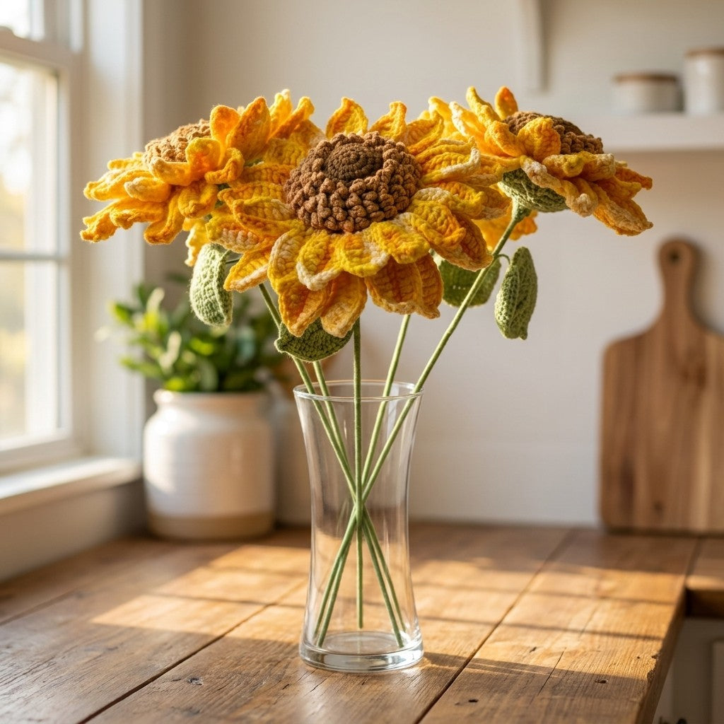 Knitted sunflowers in a glass vase on a wooden table with a window in the background