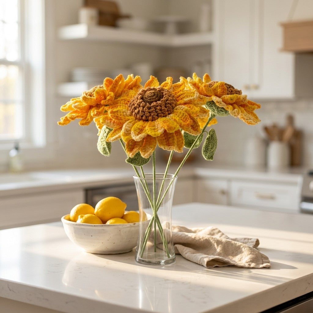 Decorative crocheted sunflower arrangement in a glass vase on a kitchen counter with lemons and a dishcloth.