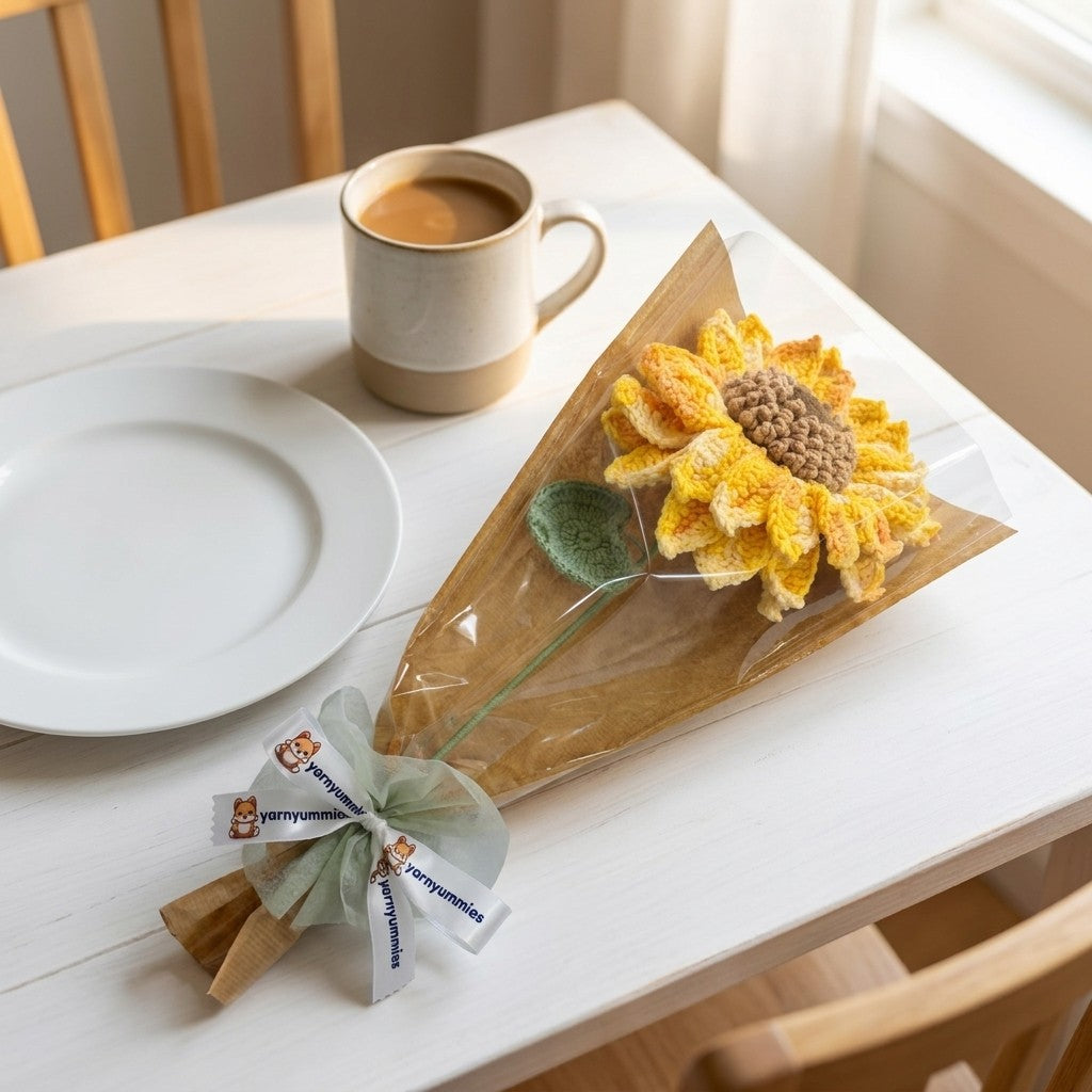 Sunflower bouquet with a cup of coffee and a white plate on a table.