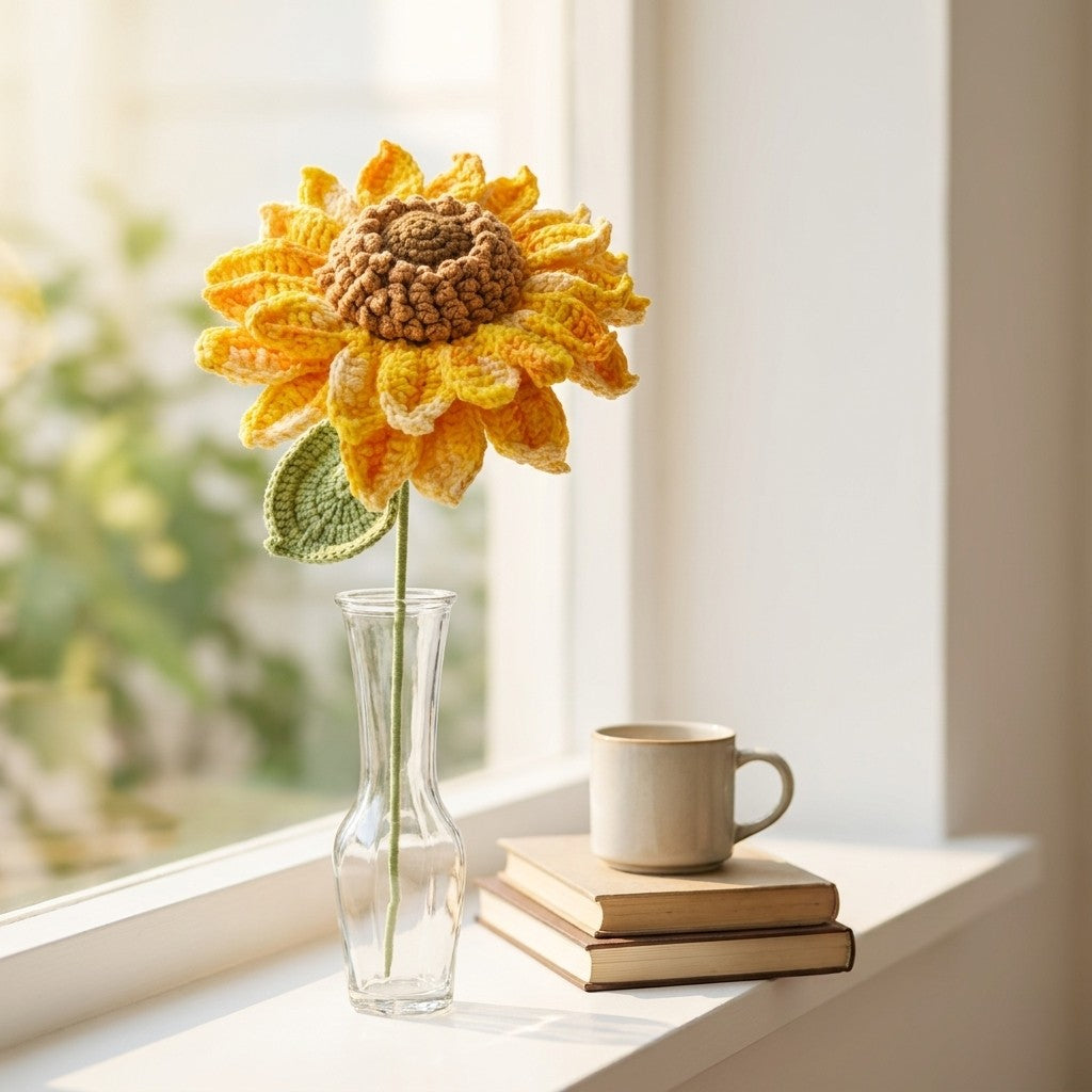 Crocheted sunflower in a clear vase on a windowsill with books and a mug.
