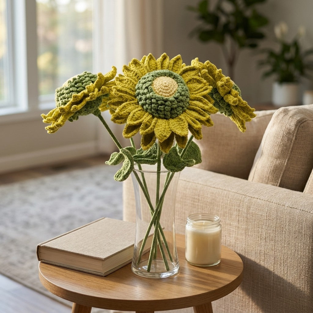 Crocheted green sunflowers in a vase on a side table with a candle and book in a cozy living room.