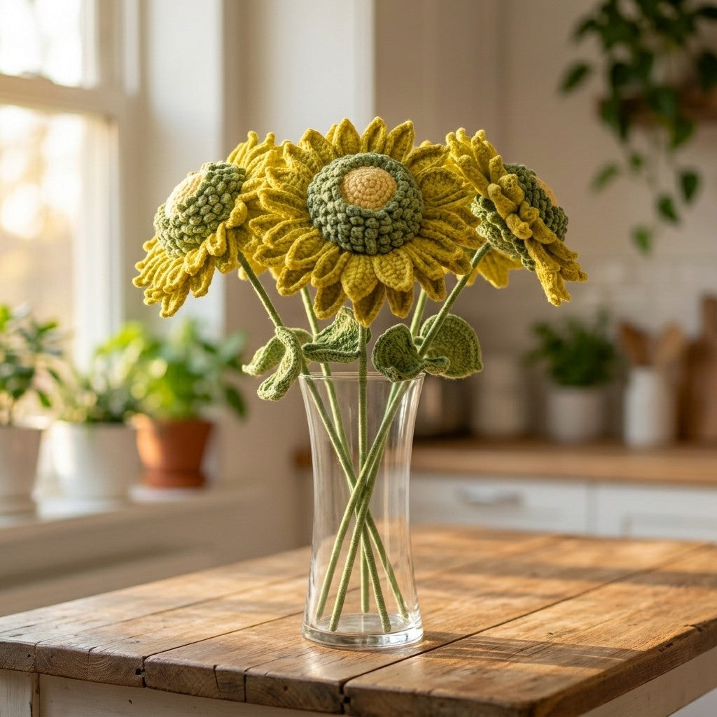 Crocheted green sunflowers in a clear vase on a wooden table with a homey background.