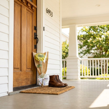 Front door of a house with a doormat, boots, and a bouquet of flowers.