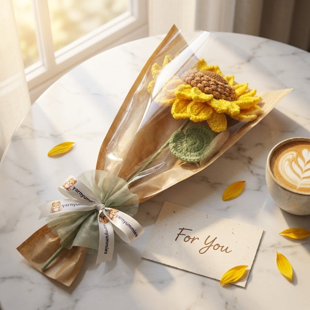 Bouquet of sunflowers wrapped in brown paper with a card on a marble table.