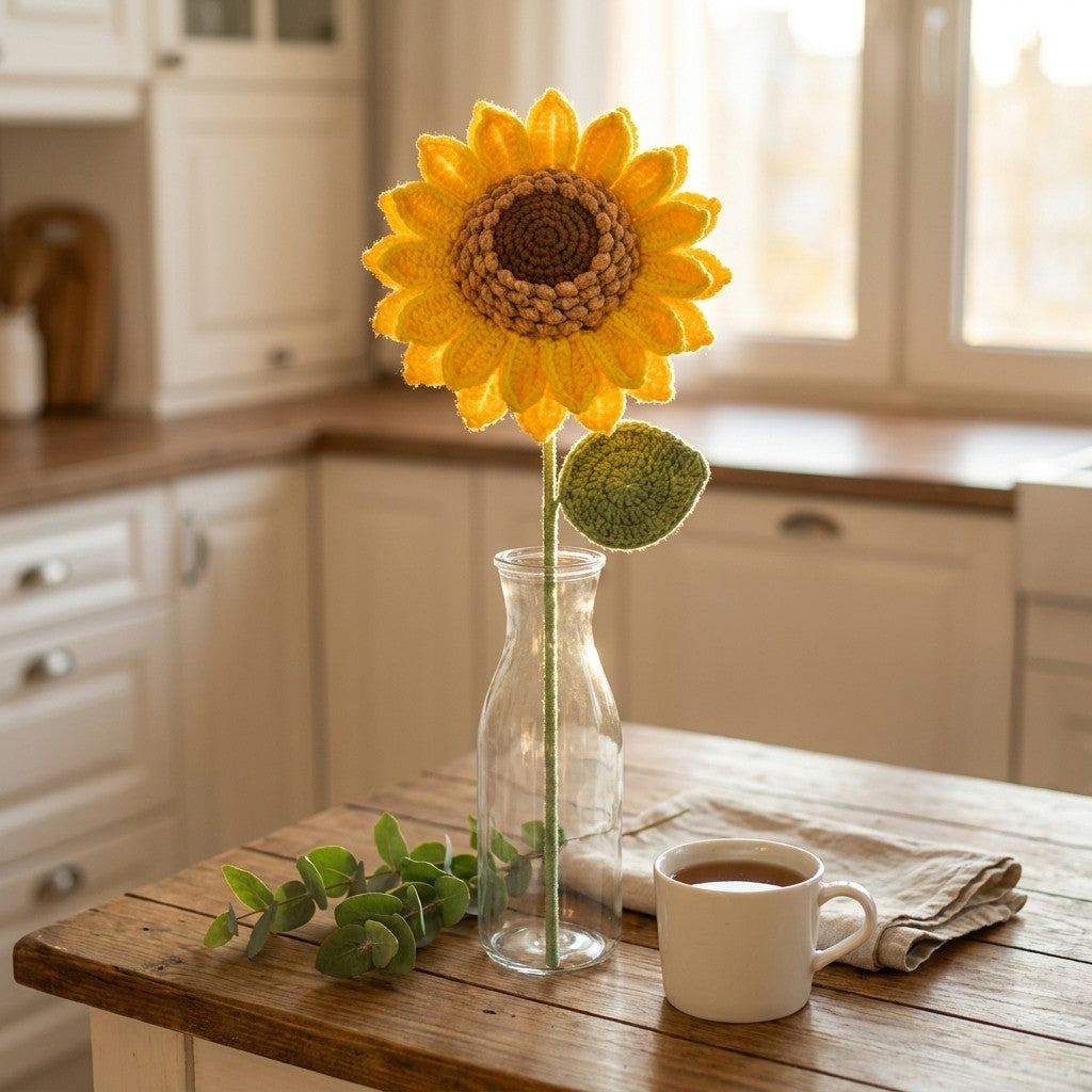 Sunflower in a glass vase on a wooden table with a cup of coffee in a kitchen.