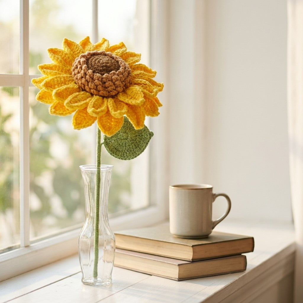 Crocheted sunflower in a vase on a windowsill with books and a mug.