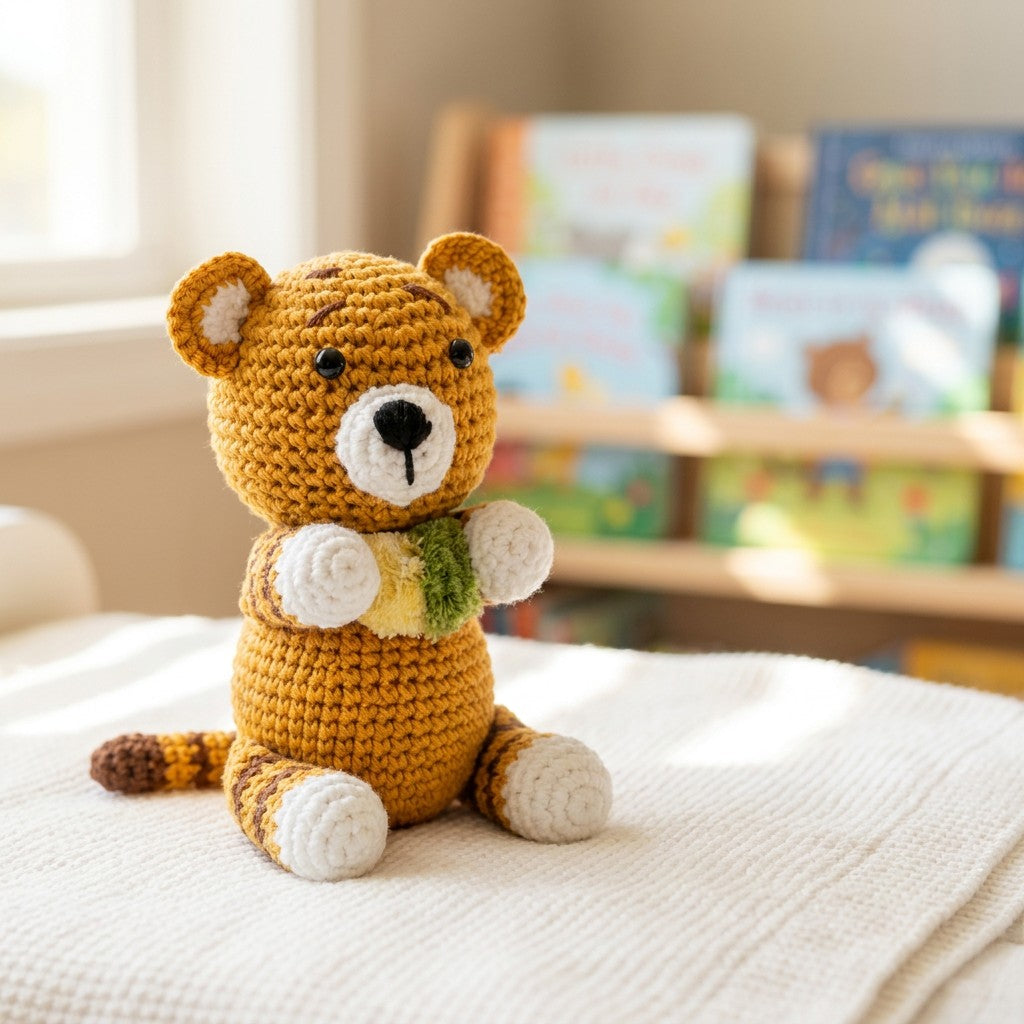 Crocheted small tiger toy on a white surface with books in the background
