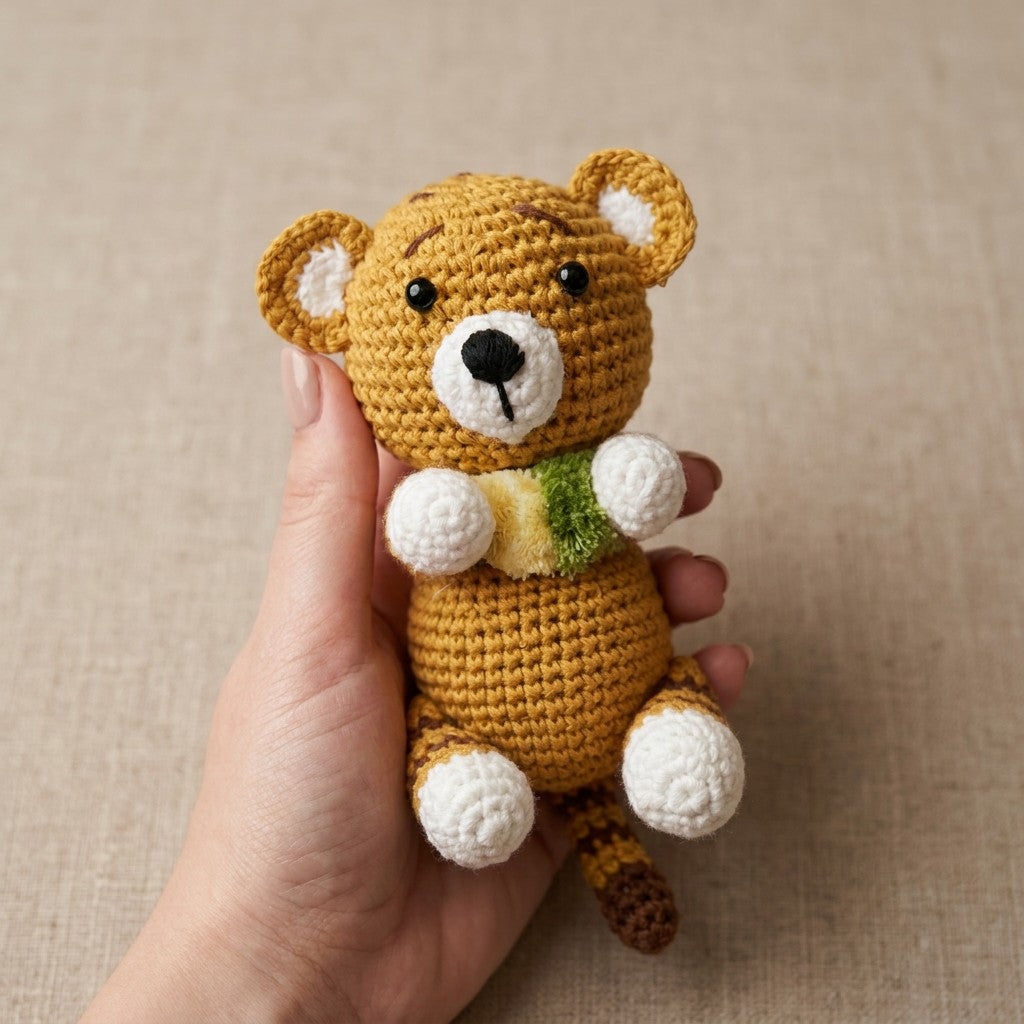 Hand holding a small tiger with a beige background