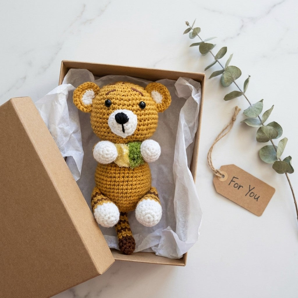 Crocheted small tiger in a box with a 'For You' tag on a marble surface.