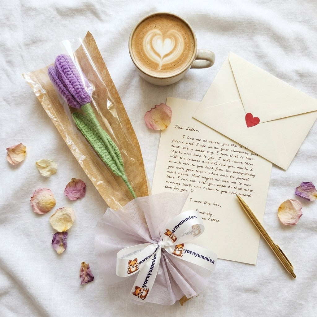 Cup of coffee with a heart design, crocheted flower, and a letter on a white surface.