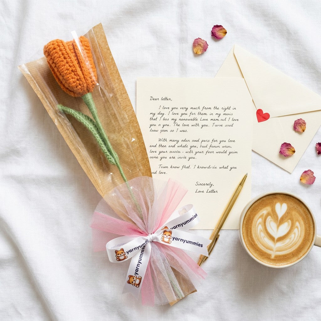 Bouquet of crocheted orange tulip with a letter, pen, and coffee cup on a white surface.