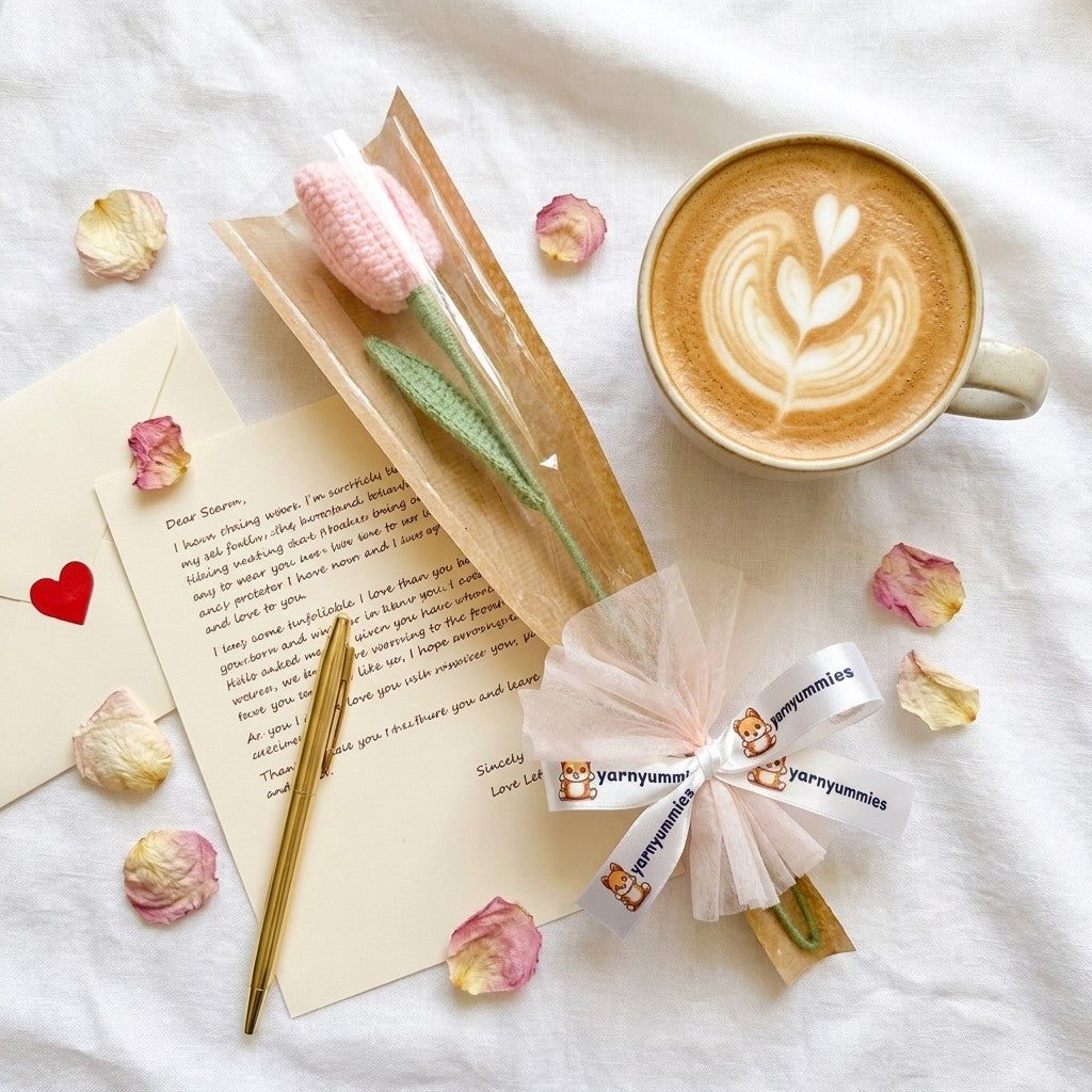 Cup of coffee with a crocheted tulip, letter, and small gift on a white surface