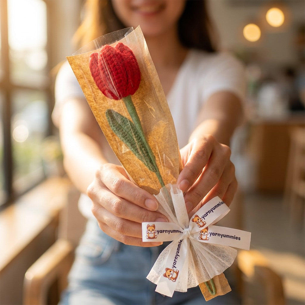Person holding a bouquet of crocheted red tulip wrapped in clear plastic with 'yarnyummies' branding.