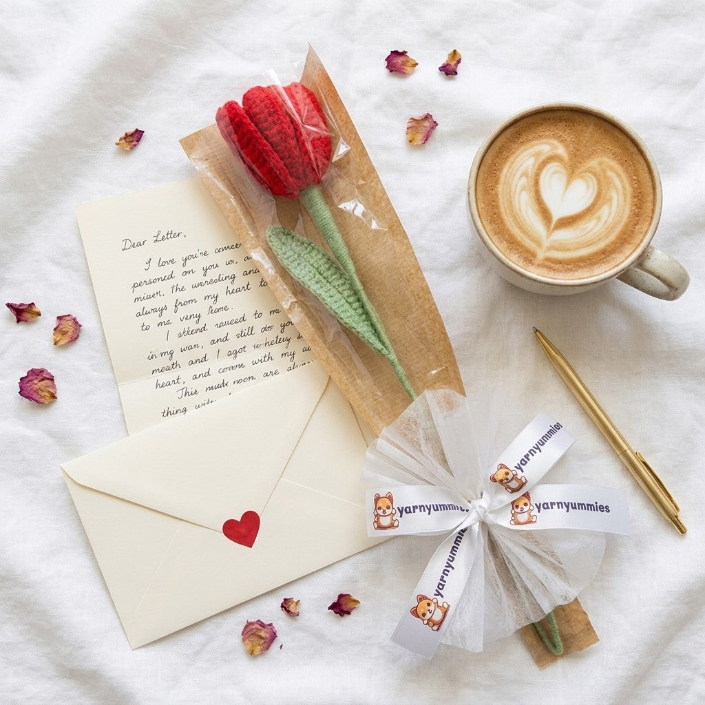 Crocheted red tulip in brown paper, letter, cup of coffee with heart design, and pen on a white surface.