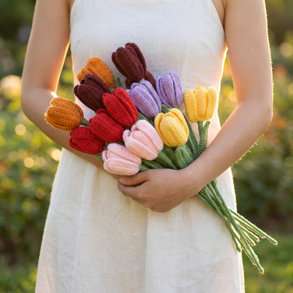 Person holding a colorful bouquet of knitted tulips against a blurred natural background