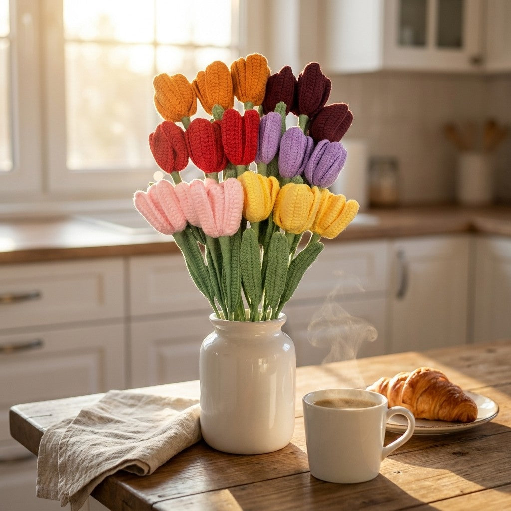 Crocheted tulips in a vase on a kitchen counter with coffee and pastries.