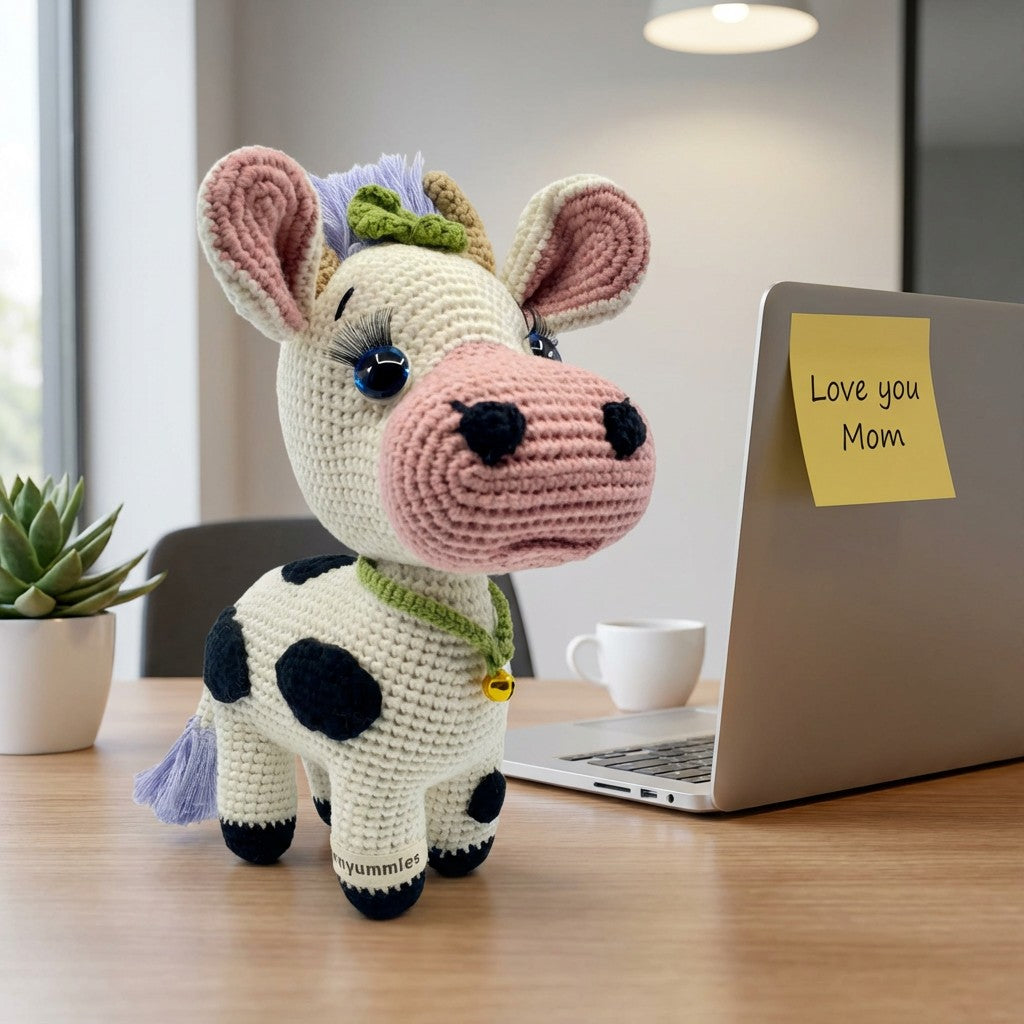Crocheted cow plushie on a desk with a laptop and 'Love you Mom' note