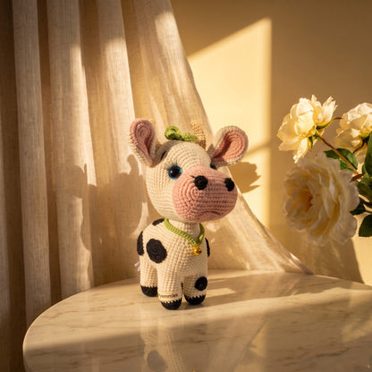 Handmade Crochet Cow (Black & White) with Bell Necklace