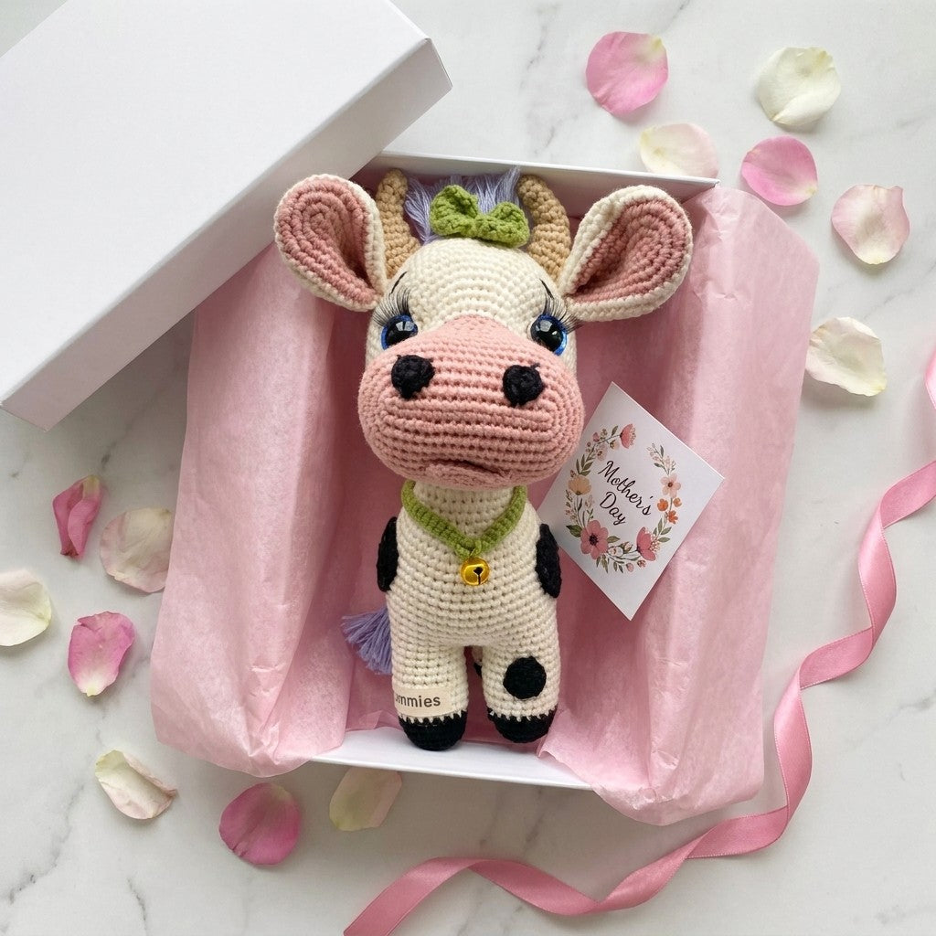 Crocheted cow plushie in a box with pink ribbon and Mother's Day card on a marble surface.