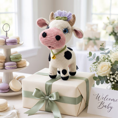 A handmade crocheted black and white cow amigurumi toy by YarnYummies with a purple flower crown stands on top of a cream gift box tied with a sage green ribbon. The scene is styled with macarons on a tiered stand, a bouquet of white roses and eucalyptus, and a card that reads 'Welcome Baby' in a bright, softly blurred indoor setting.
