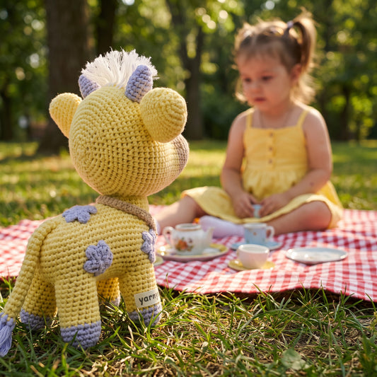 A yellow crocheted giraffe toy with purple and white accents sits on a red-and-white checkered picnic blanket in a park, with a young girl in a yellow dress sitting in the background.