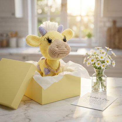 Crocheted yellow cow plushie in a yellow box with a 'Mother's Day' card and flowers on a marble surface.
