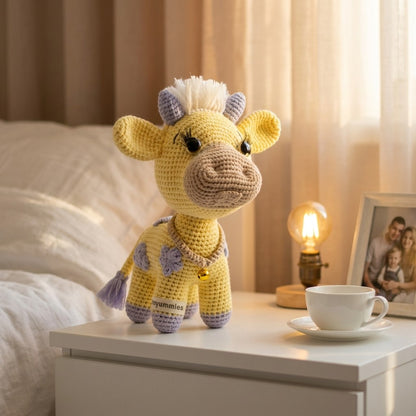 Crocheted yellow cow plushie on a nightstand with a cup and lamp in the background