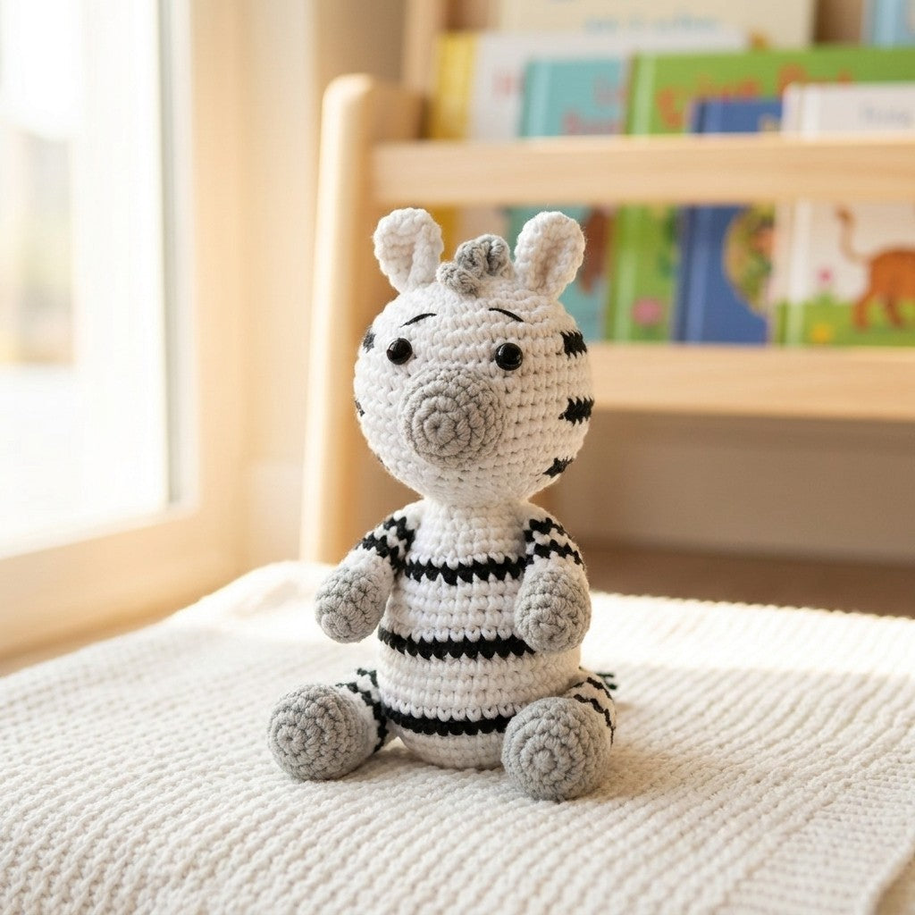 Crocheted zebra toy on a blanket with books in the background