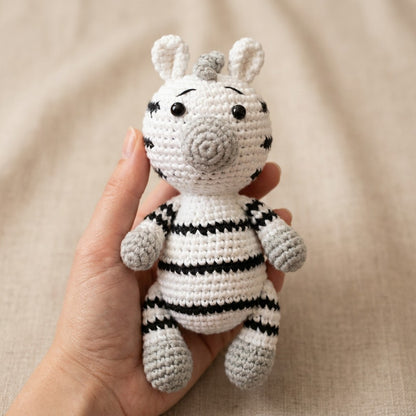 Hand holding a small crochet zebra toy against a beige background